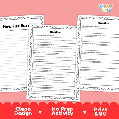 Educational reading passage explaining the fire triangle, oxygen, fuel, heat, and how fire burns