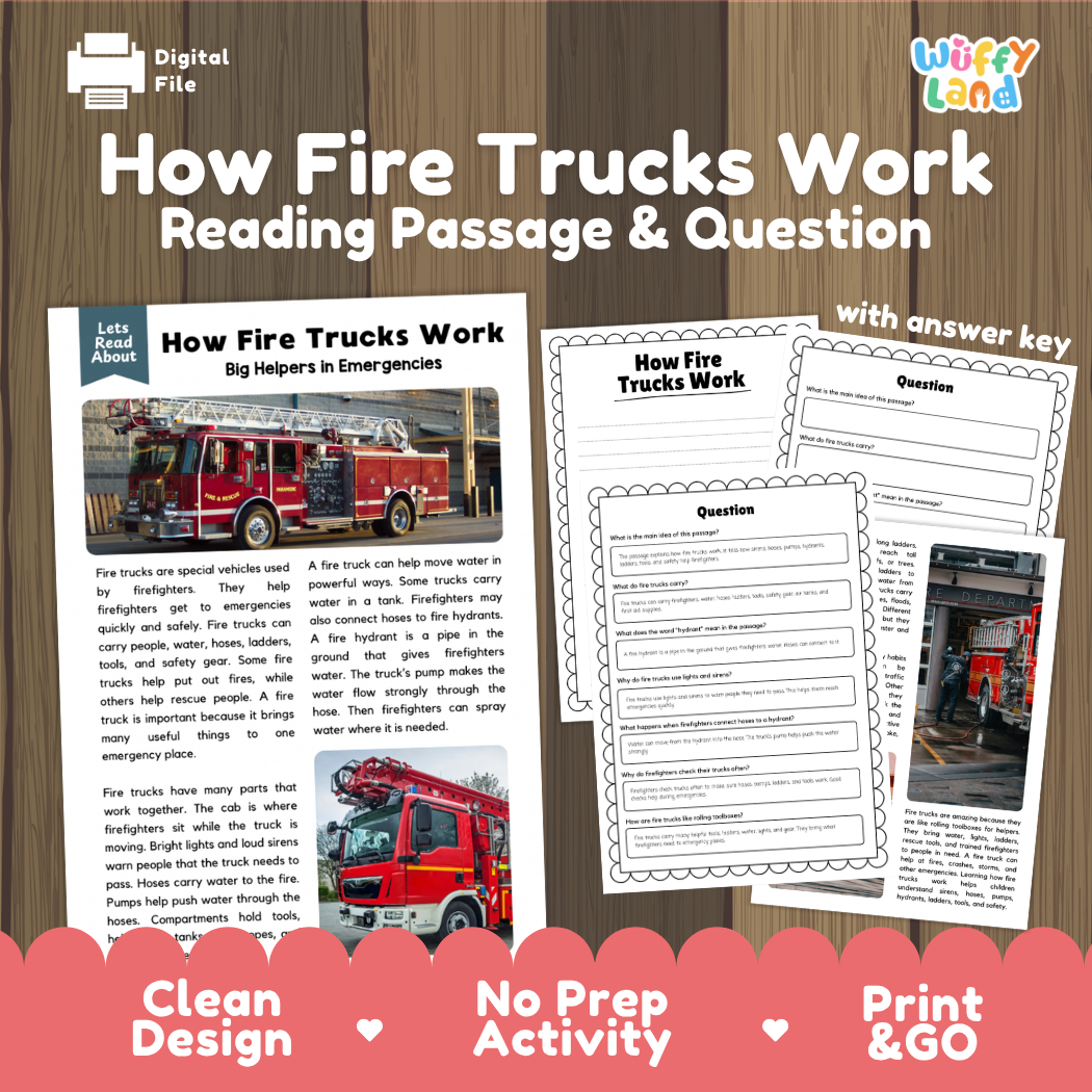 How Fire Trucks Work reading comprehension passage and questions printable activity pack with answer key for elementary students