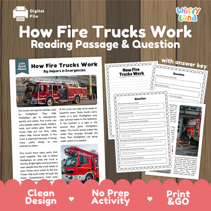 How Fire Trucks Work reading comprehension passage and questions printable activity pack with answer key for elementary students