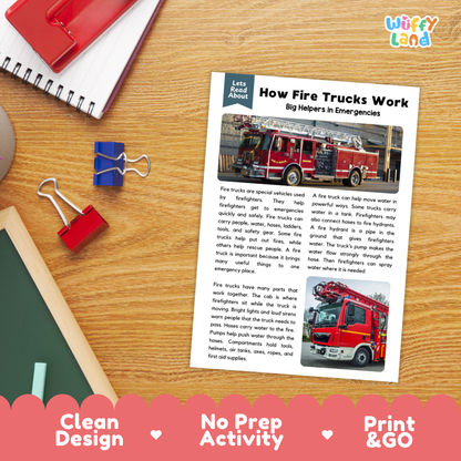 Student reading comprehension worksheet with short-answer questions and lined sections about how fire trucks work