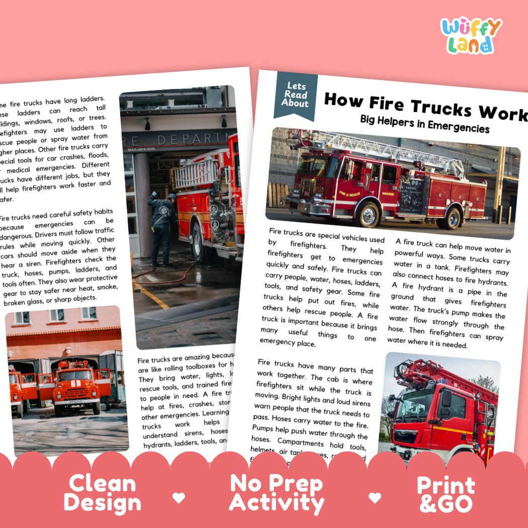 Teacher answer key page showing complete question solutions for fire truck engineering and community safety reading comprehension practice