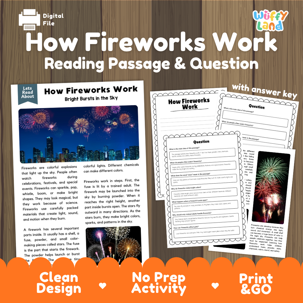 How fireworks work reading comprehension passage and questions printable activity pack with answer key for elementary students