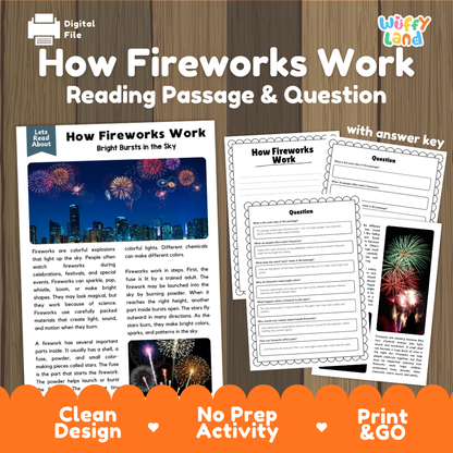 How fireworks work reading comprehension passage and questions printable activity pack with answer key for elementary students