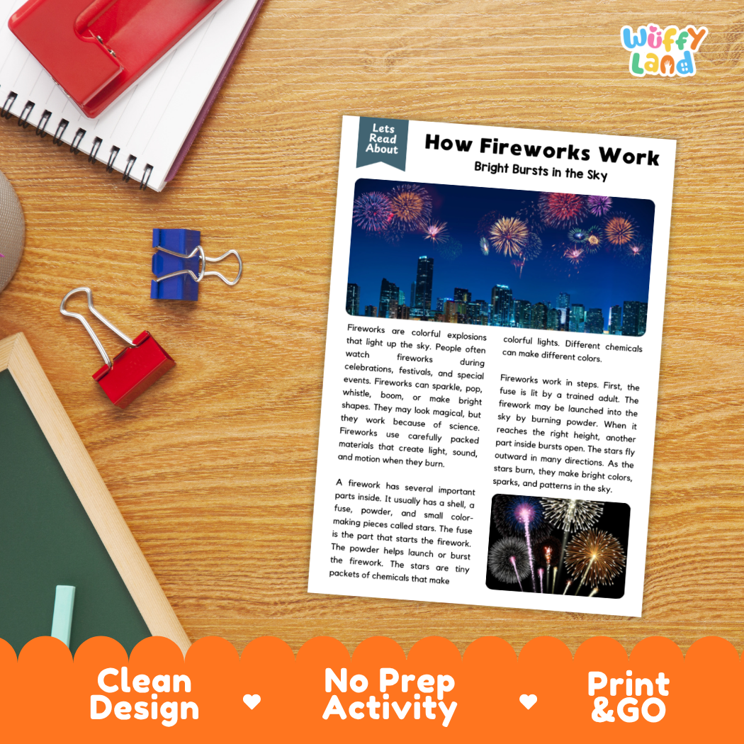 Student reading comprehension worksheet with short-answer questions and lined sections about how fireworks work