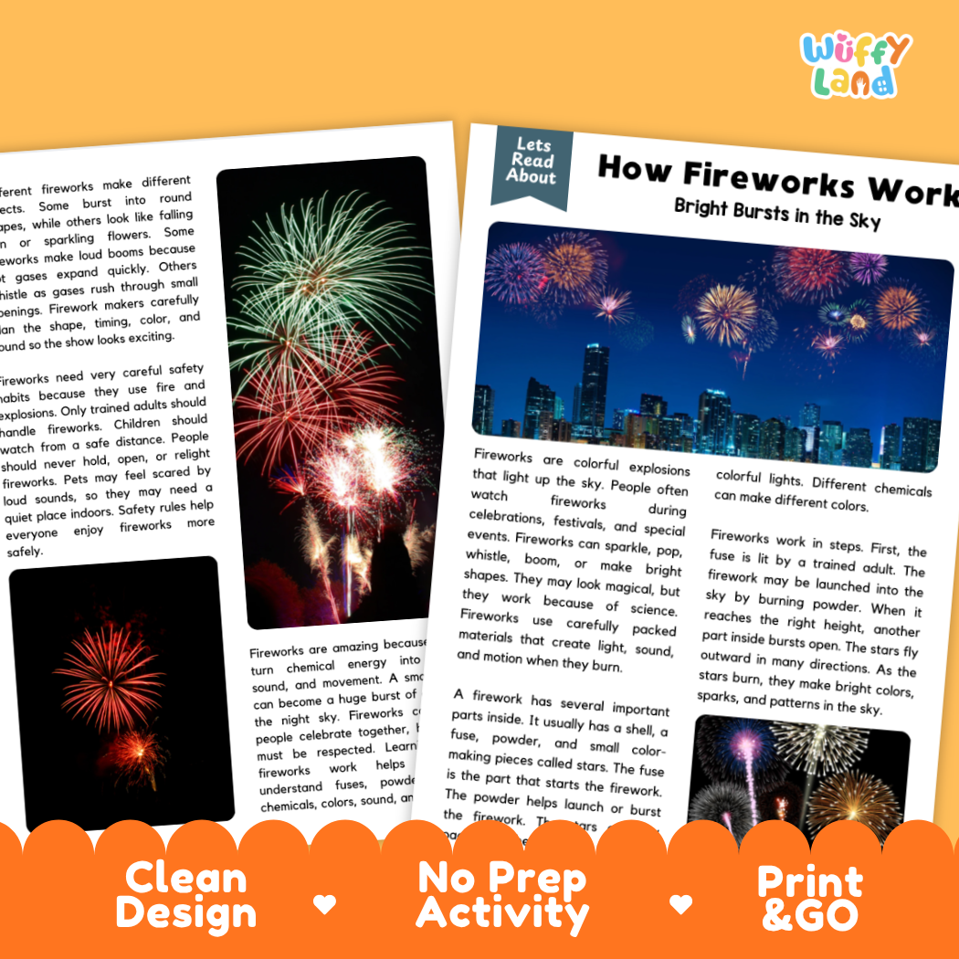 Teacher answer key page showing complete question solutions for How Fireworks Work physical science reading comprehension practice