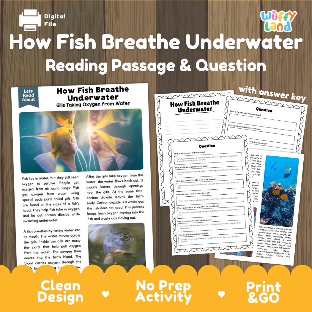 How Fish Breathe Underwater reading comprehension passage and questions activity pack with full answer key for students