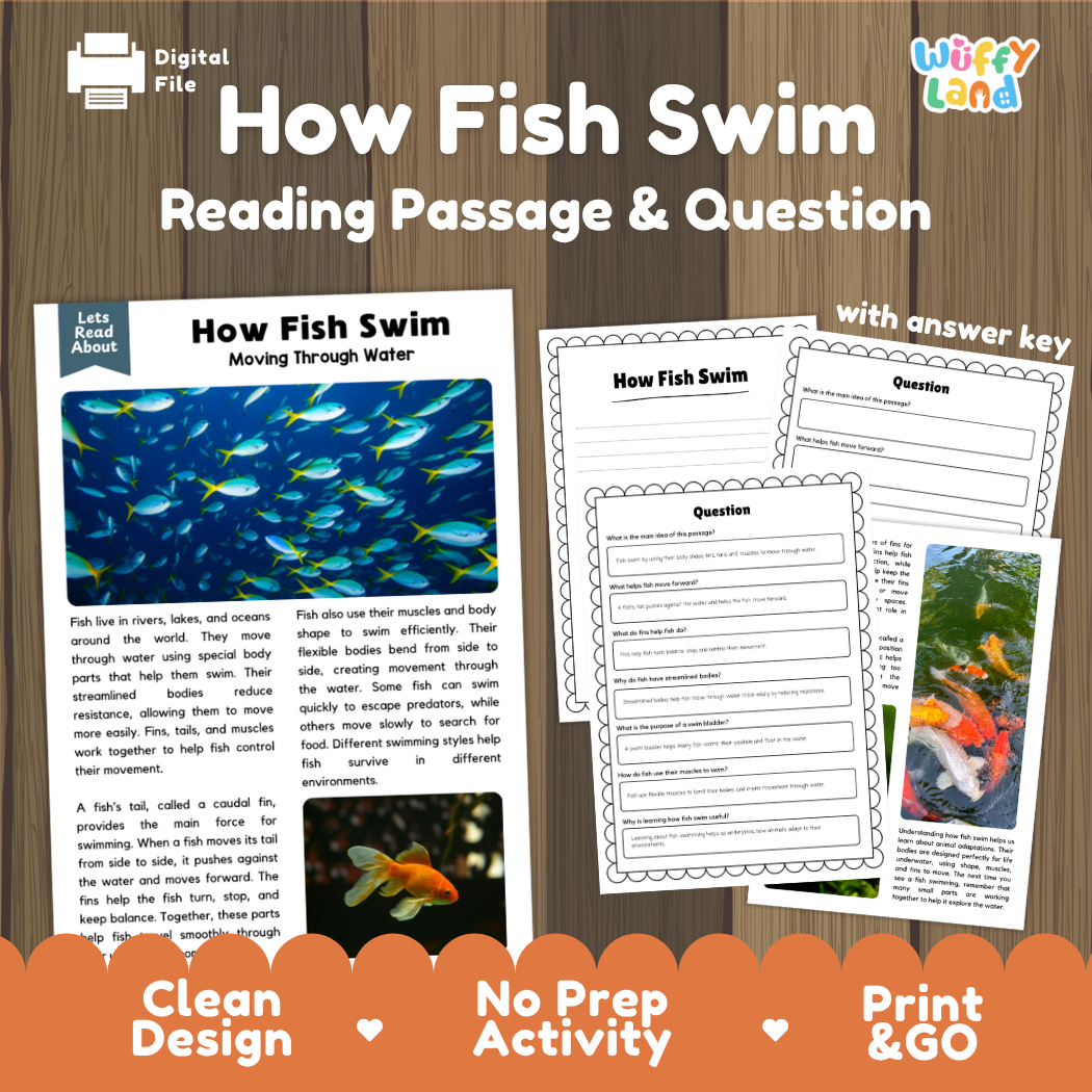 How Fish Swim reading comprehension passage and questions activity pack with full answer key for students