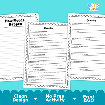 Educational reading passage explaining heavy rainfall, overflowing riverbanks, and how floods cover dry land