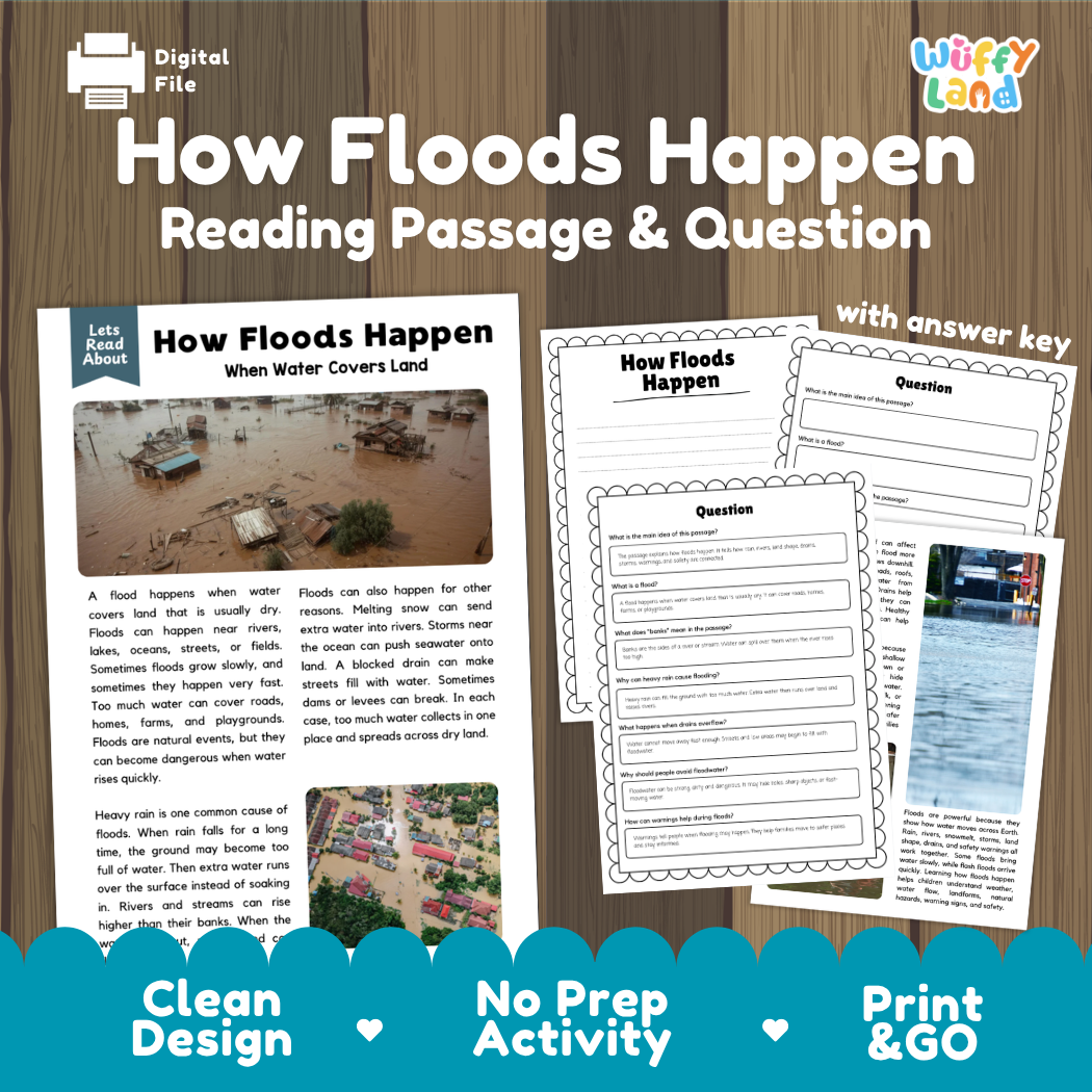 How Floods Happen reading comprehension passage and questions activity pack with full answer key for students