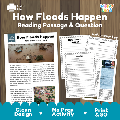 How Floods Happen reading comprehension passage and questions activity pack with full answer key for students