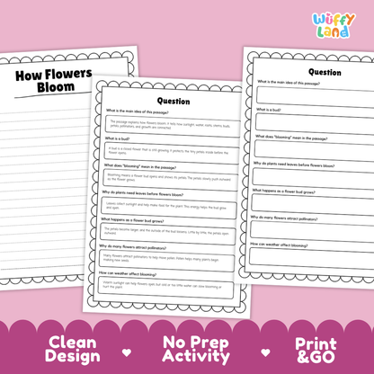 Educational reading passage explaining plant buds, sunlight energy, petal opening, and how flowers bloom