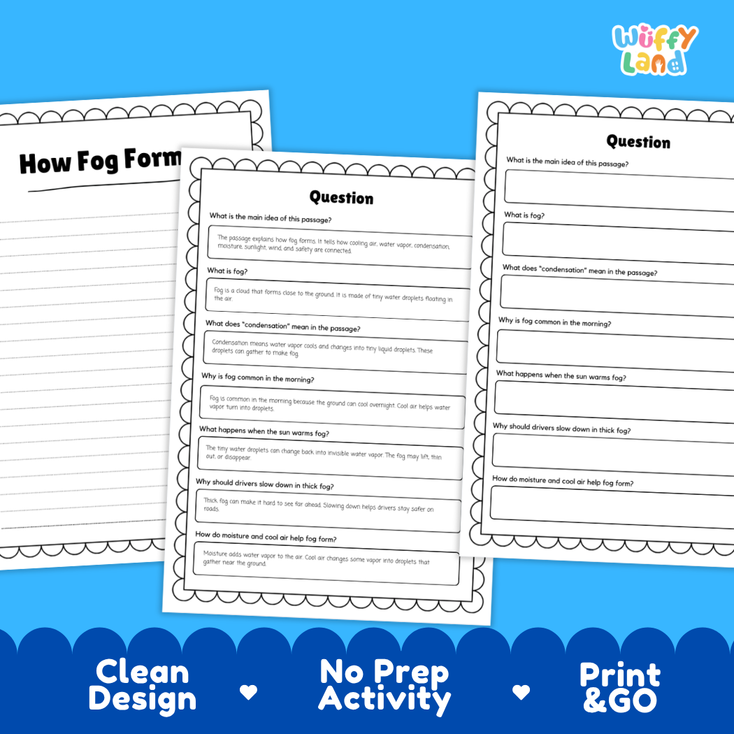 Educational reading passage explaining ground-level clouds, cooling air, condensation, and how fog forms