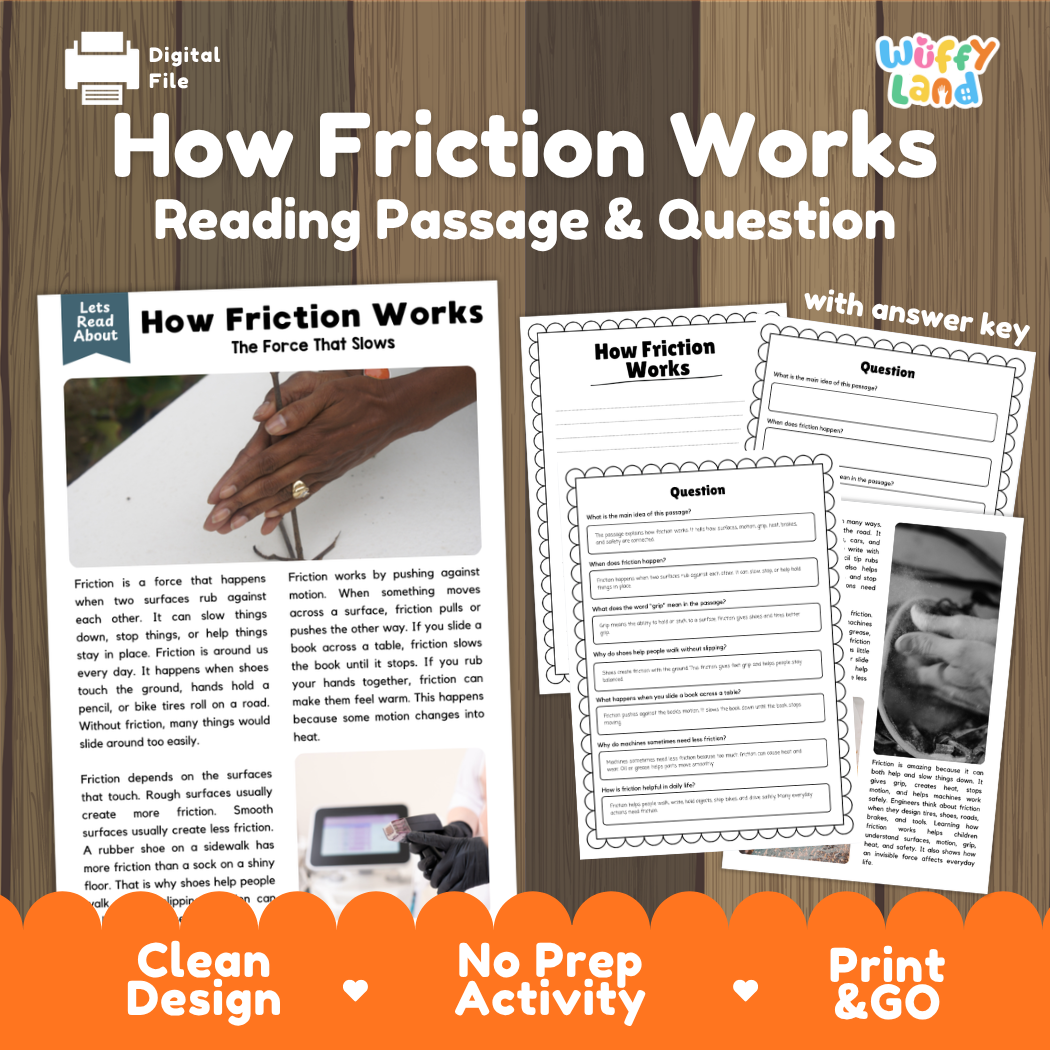 How friction works reading comprehension passage and questions printable activity pack with answer key for elementary students