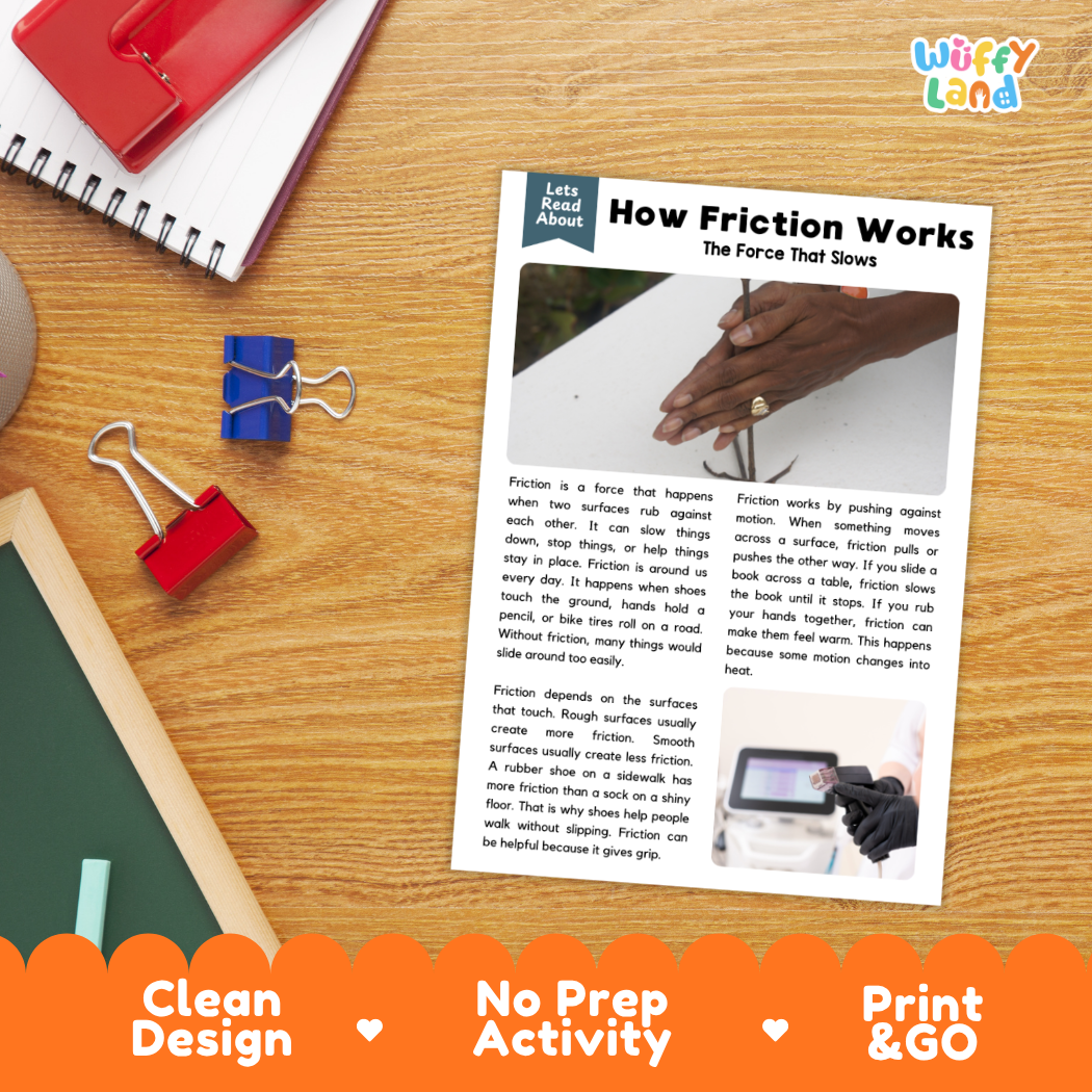 Student reading comprehension worksheet with short-answer questions and lined sections about how friction works