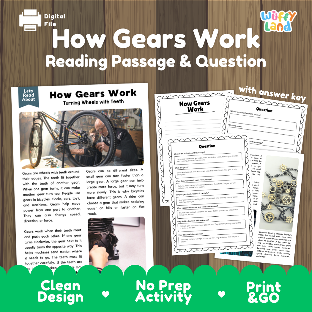 How gears work reading comprehension passage and questions printable activity pack with answer key for elementary students