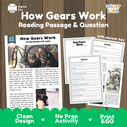How gears work reading comprehension passage and questions printable activity pack with answer key for elementary students