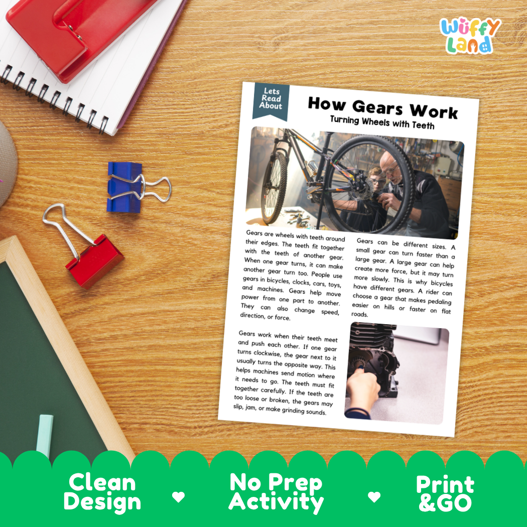 Student reading comprehension worksheet with short-answer questions and lined sections about how gears work