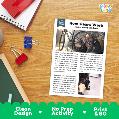 Student reading comprehension worksheet with short-answer questions and lined sections about how gears work