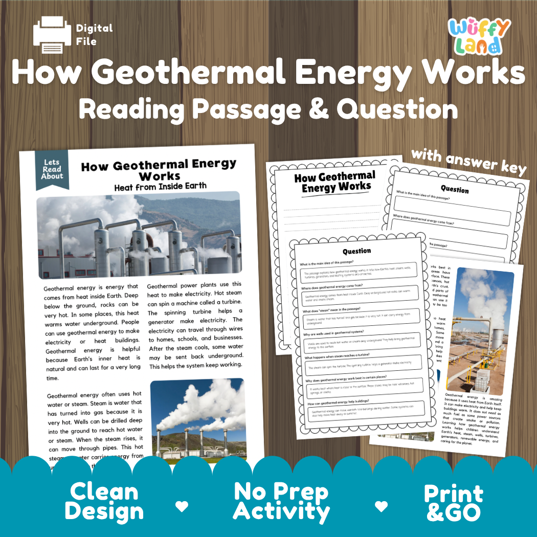 How geothermal energy works reading comprehension passage and questions printable activity pack with answer key for elementary students