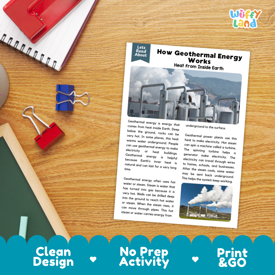 Student reading comprehension worksheet with short-answer questions and lined sections about how geothermal energy works
