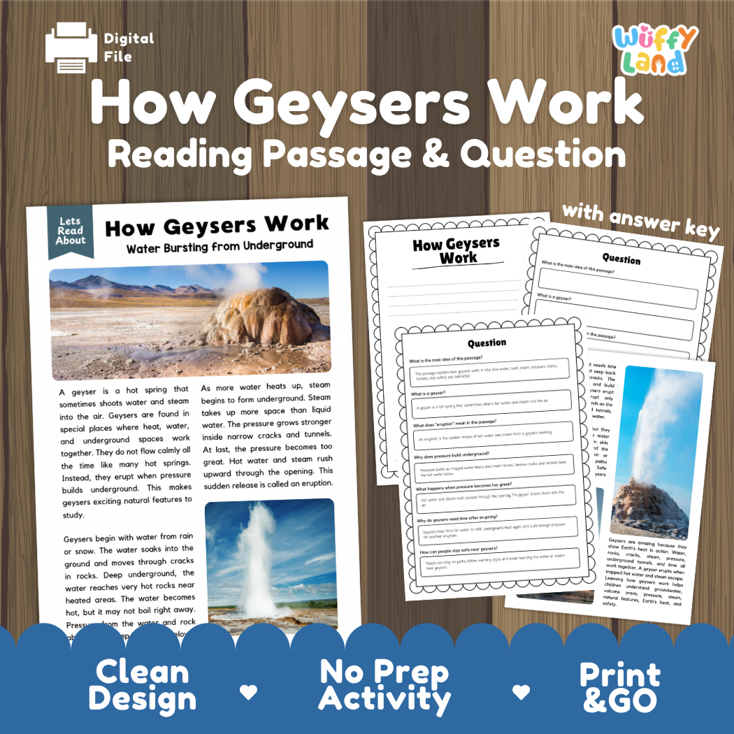 How Geysers Work reading comprehension passage and questions activity pack with full answer key for students