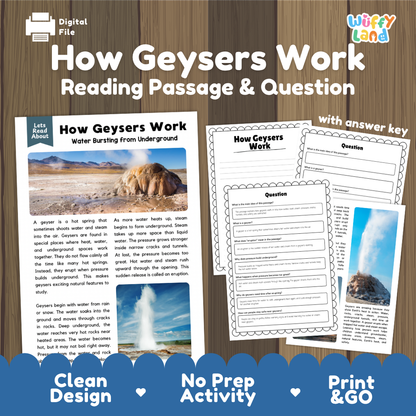How Geysers Work reading comprehension passage and questions activity pack with full answer key for students