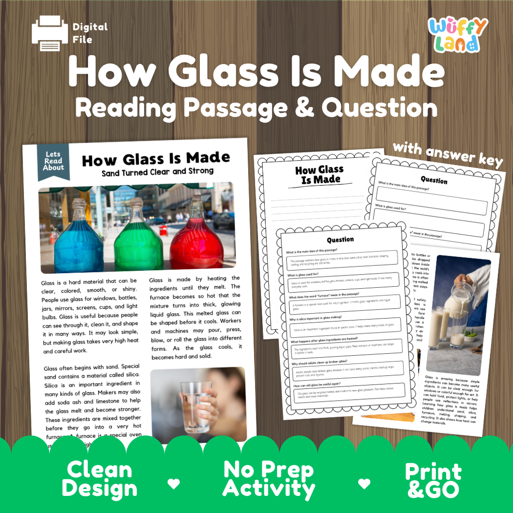 How Glass Is Made reading comprehension passage and questions printable activity pack with answer key for elementary students
