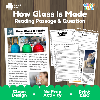 How Glass Is Made reading comprehension passage and questions printable activity pack with answer key for elementary students