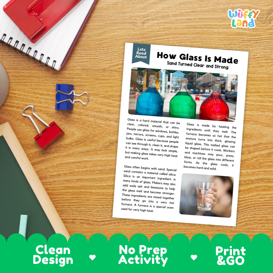 Student reading comprehension worksheet with short-answer questions and lined sections about how glass is made from sand