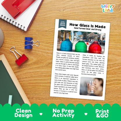 Student reading comprehension worksheet with short-answer questions and lined sections about how glass is made from sand