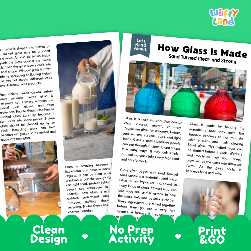Teacher answer key page showing complete question solutions for glassmaking materials science reading comprehension practice