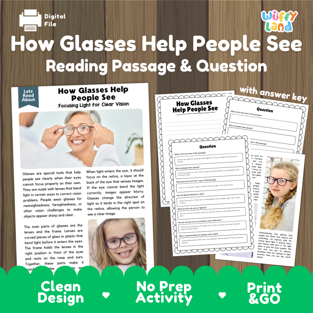 How Glasses Help People See reading comprehension passage and questions activity pack with full answer key for students