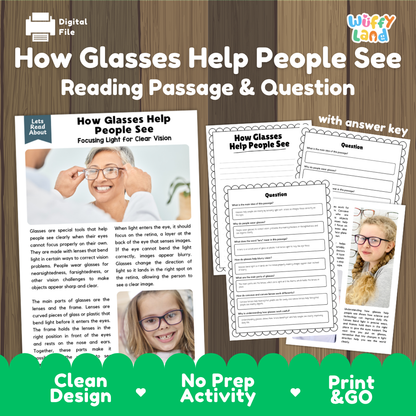 How Glasses Help People See reading comprehension passage and questions activity pack with full answer key for students