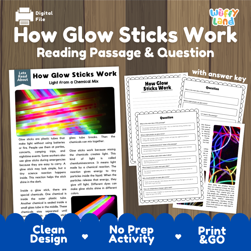 How glow sticks work reading comprehension passage and questions printable activity pack with answer key for elementary students