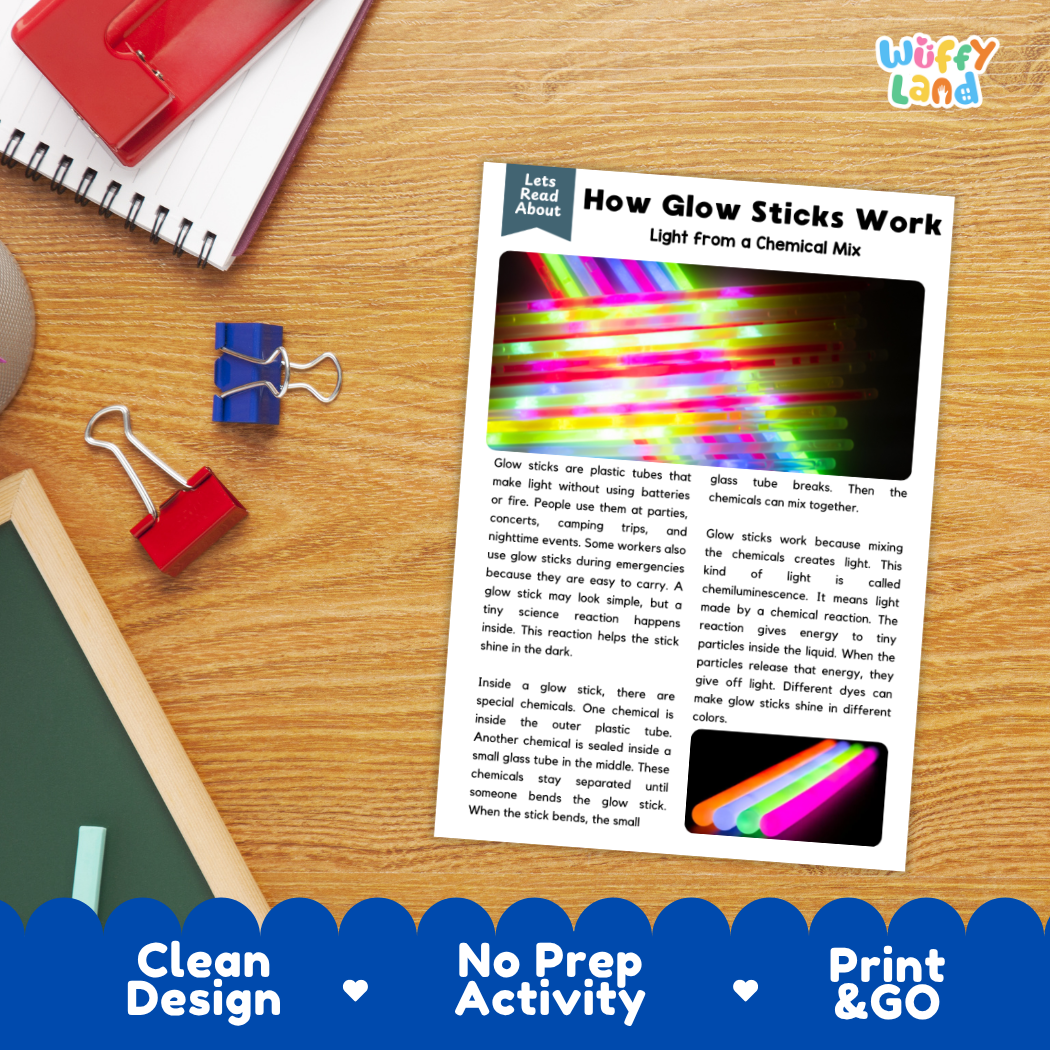 Student reading comprehension worksheet with short-answer questions and lined sections about how glow sticks work
