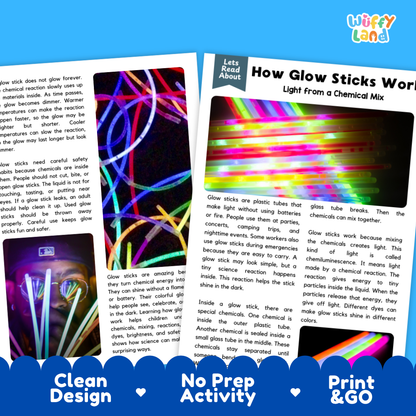 Teacher answer key page showing complete question solutions for How Glow Sticks Work physical science reading comprehension practice