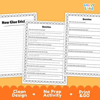 Educational reading passage explaining adhesives, drying bonds, twisting tubes, and how glue sticks work