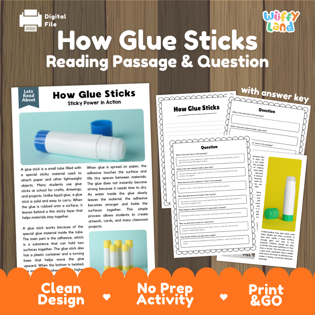 How Glue Sticks reading comprehension passage and questions activity pack with full answer key for students