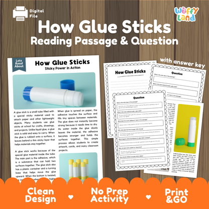 How Glue Sticks reading comprehension passage and questions activity pack with full answer key for students