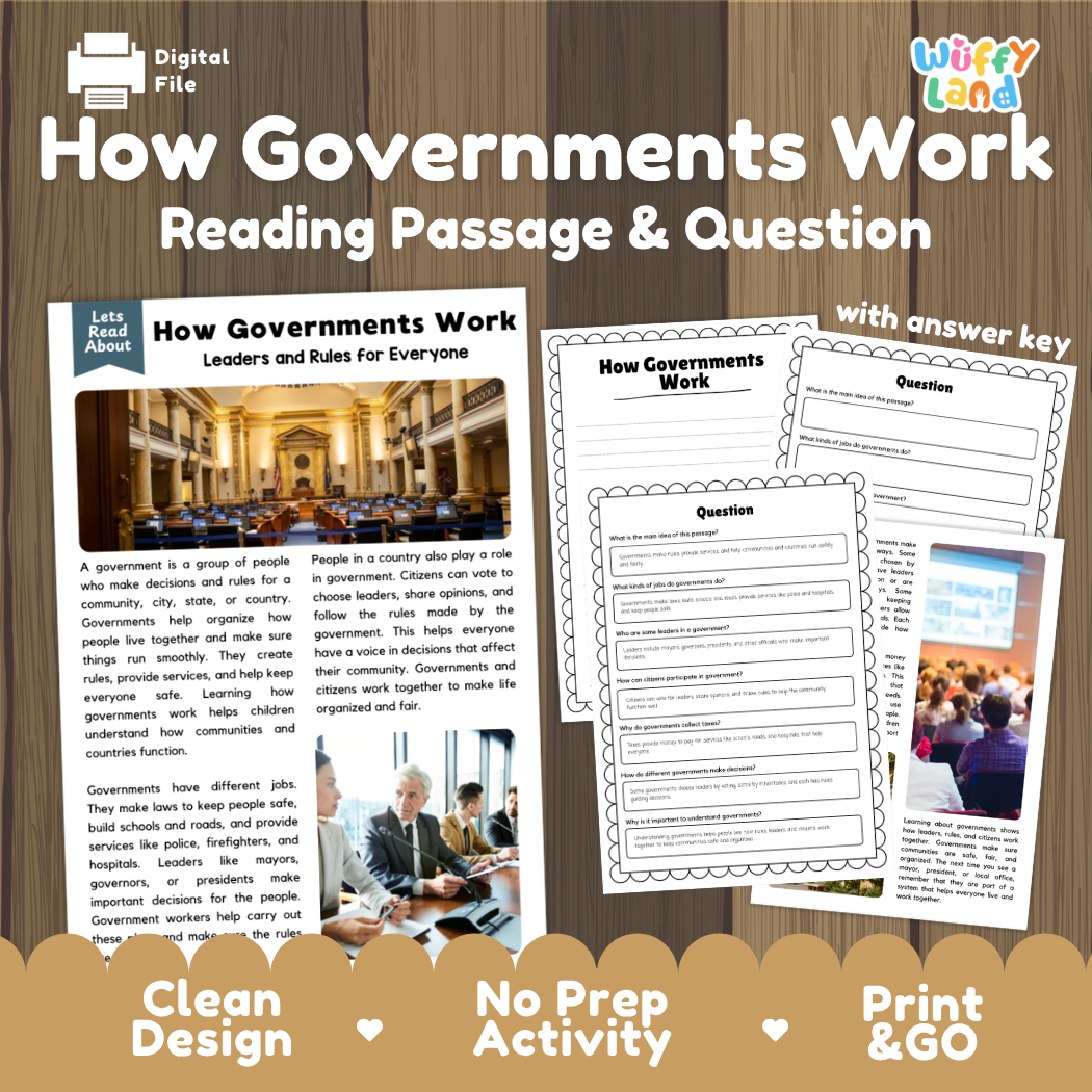 How Governments Work reading comprehension passage and questions activity pack with full answer key for students