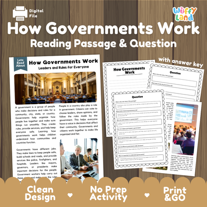 How Governments Work reading comprehension passage and questions activity pack with full answer key for students