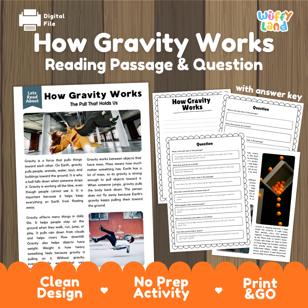 How Gravity Works reading comprehension passage and questions printable activity pack with answer key for elementary students
