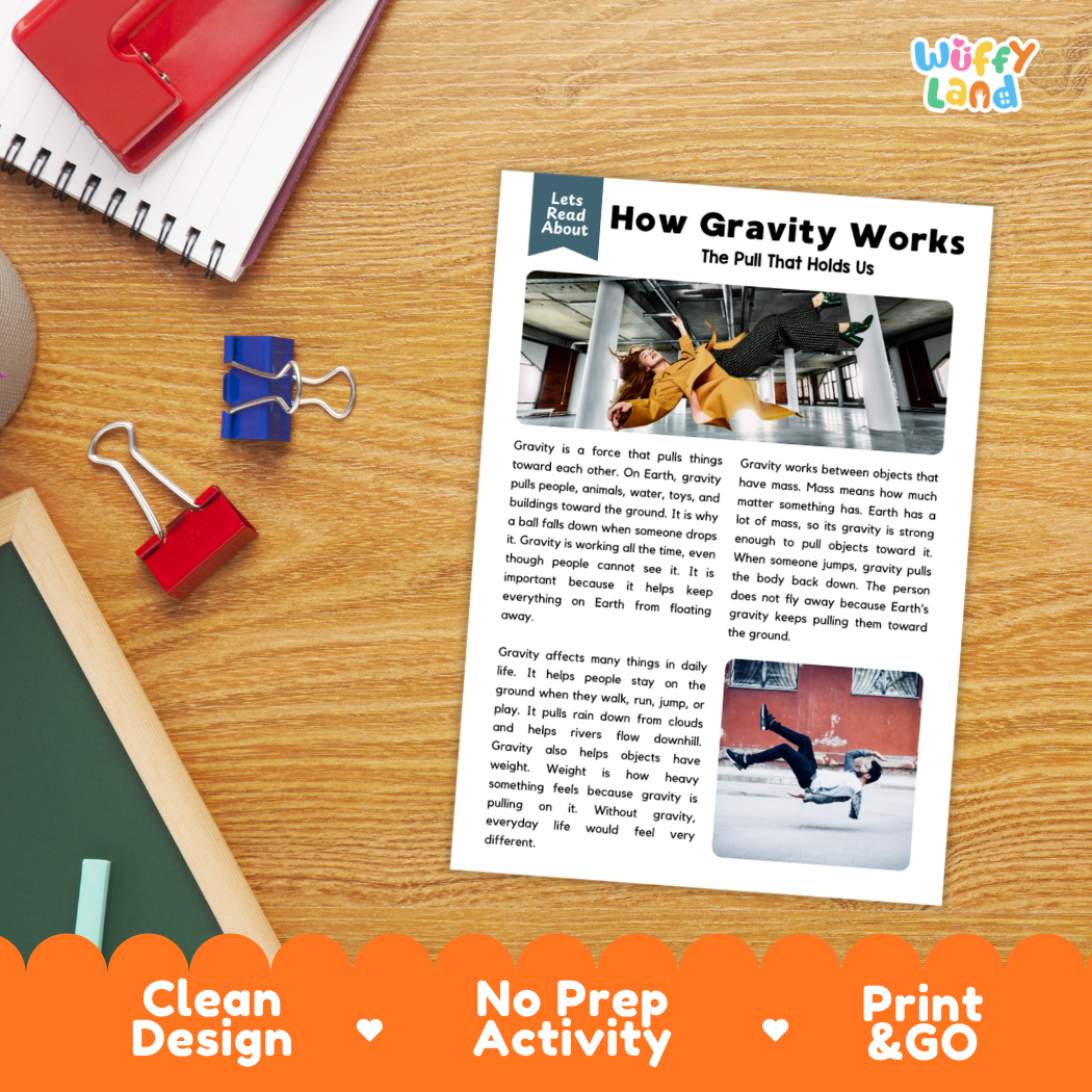 Student reading comprehension worksheet with short-answer questions and lined sections about gravity physics concepts