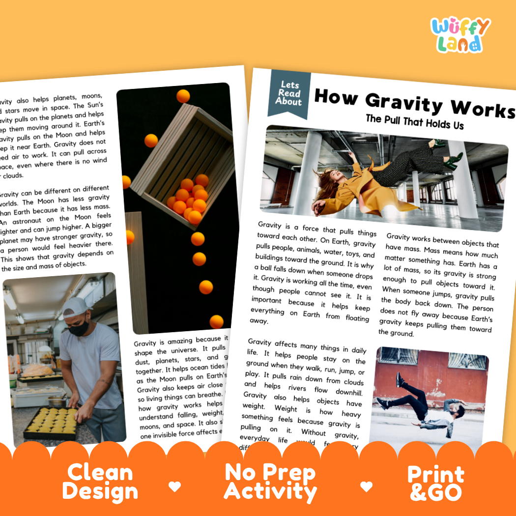 Teacher answer key page showing complete question solutions for gravity reading comprehension practice