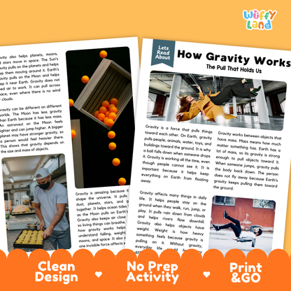 Teacher answer key page showing complete question solutions for gravity reading comprehension practice