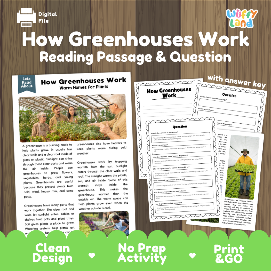How Greenhouses Work reading comprehension passage and questions printable activity pack with answer key for elementary students