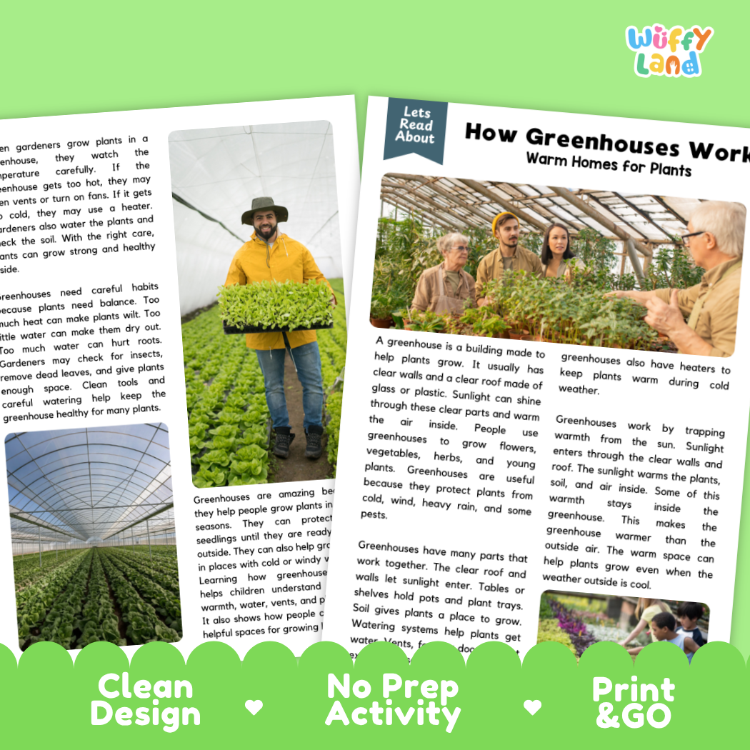 Teacher answer key page showing complete question solutions for greenhouses botany reading comprehension practice