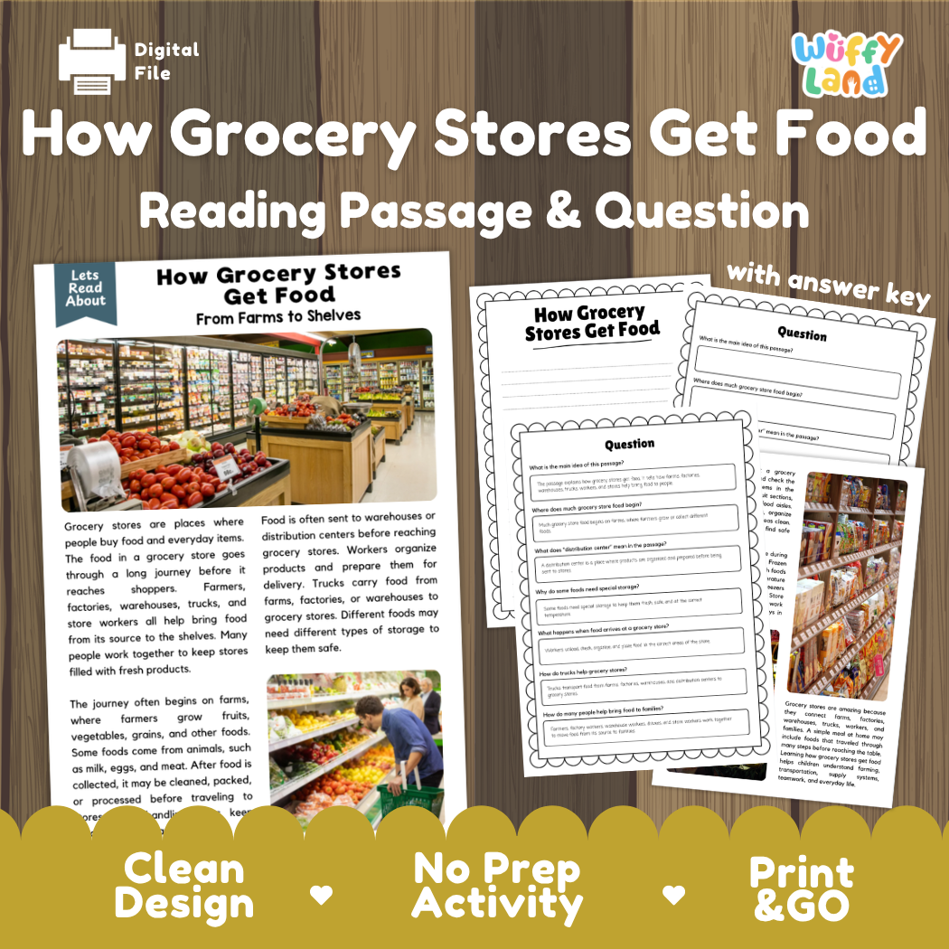 How Grocery Stores Get Food reading comprehension passage and questions activity pack with full answer key for students
