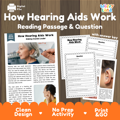 How Hearing Aids Work reading comprehension passage and questions activity pack with full answer key for students