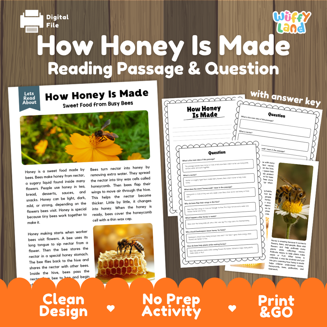 How Honey Is Made reading comprehension passage and questions printable activity pack with answer key for elementary students